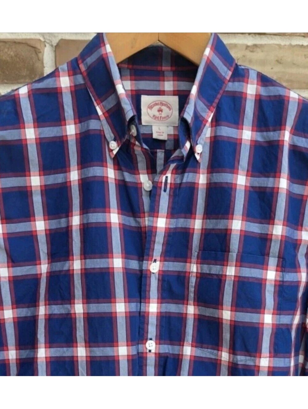 Brooks Brothers Red Fleece Men’s L Plaid Button Down Shirt Blue Red Cotton